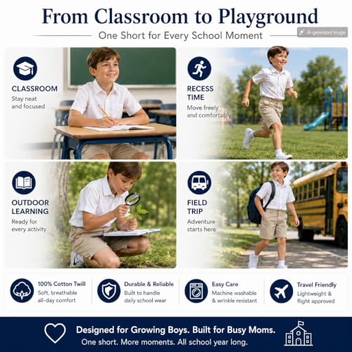 Image of Bienzoe Boys School Uniform Shorts: Flat Front Cotton Bermuda - Adjustable Waist - Breathable for Church Outdoor - Aged 4-13
