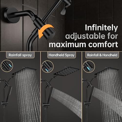 Image of Veken 10 inch Luxurious All Metal Rain Shower Head with Handheld Spray Combo, High Pressure Rainfall Square Shower Heads with Extension Arm, Wide Dual Showerhead, Bathroom Accessories, Matte Black