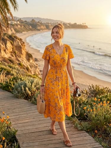 Image of Bridesmay Women's Summer Floral Midi Dress V Neck Short Sleeve A-Line Casual Beach Vacation Dresses Flowy