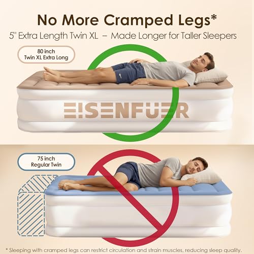Image of Air Mattress Twin XL (Extra Long) with Built-in Pump - 18 inch Raised Inflatable Bed with High Speed Built-in Pump, colchon inflable, Carry Bag, Cozy Guest Air Bed for Sleepovers, Glamping, Moving
