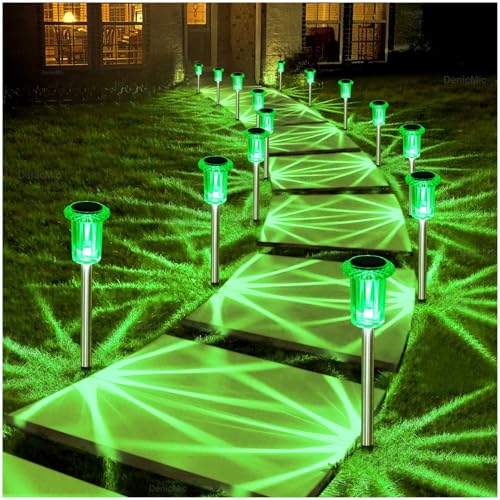 Image of DenicMic Solar Lights Outdoor 10 Pack Waterproof Green LED Stainless Steel Stake Outside Lights for Yard Pathway Garden Driveway Walkway Landscape Path Lighting