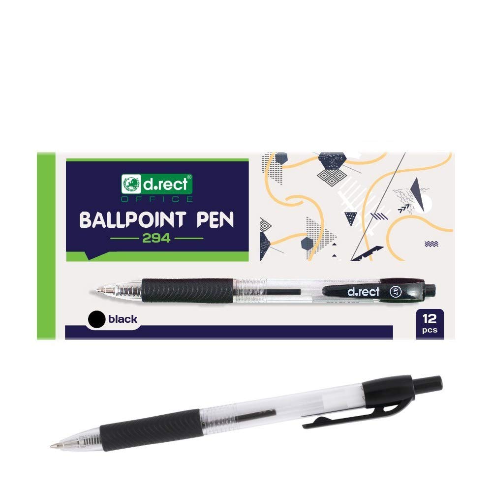D.RECT 294 ballpoint pen with ergonomically and a rubberised grip for office and home use, 0.7 mm line thickness, 12 pieces in black