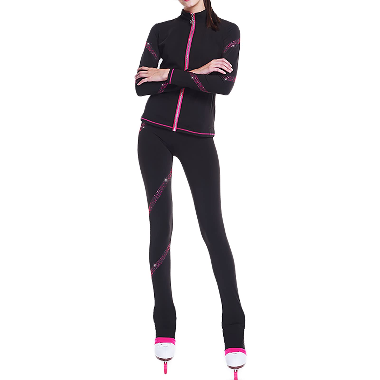 Pantalones de Patinaje Artístico y Chaqueta Mujer Alta Elasticidad Entrenamiento Competencia Patinaje Ropa, Traje de Patinaje sobre(Size:L,Color:Rosado)