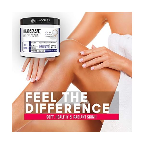 pureSCRUBS Premium Unscented Body Scrub Set - Large 16oz Dead Sea Salt Body Scrub With Infused Essential Oils & Nutrients, Includes Wooden Spoon, Loofah & Oatmeal Exfoliating Bar Soap