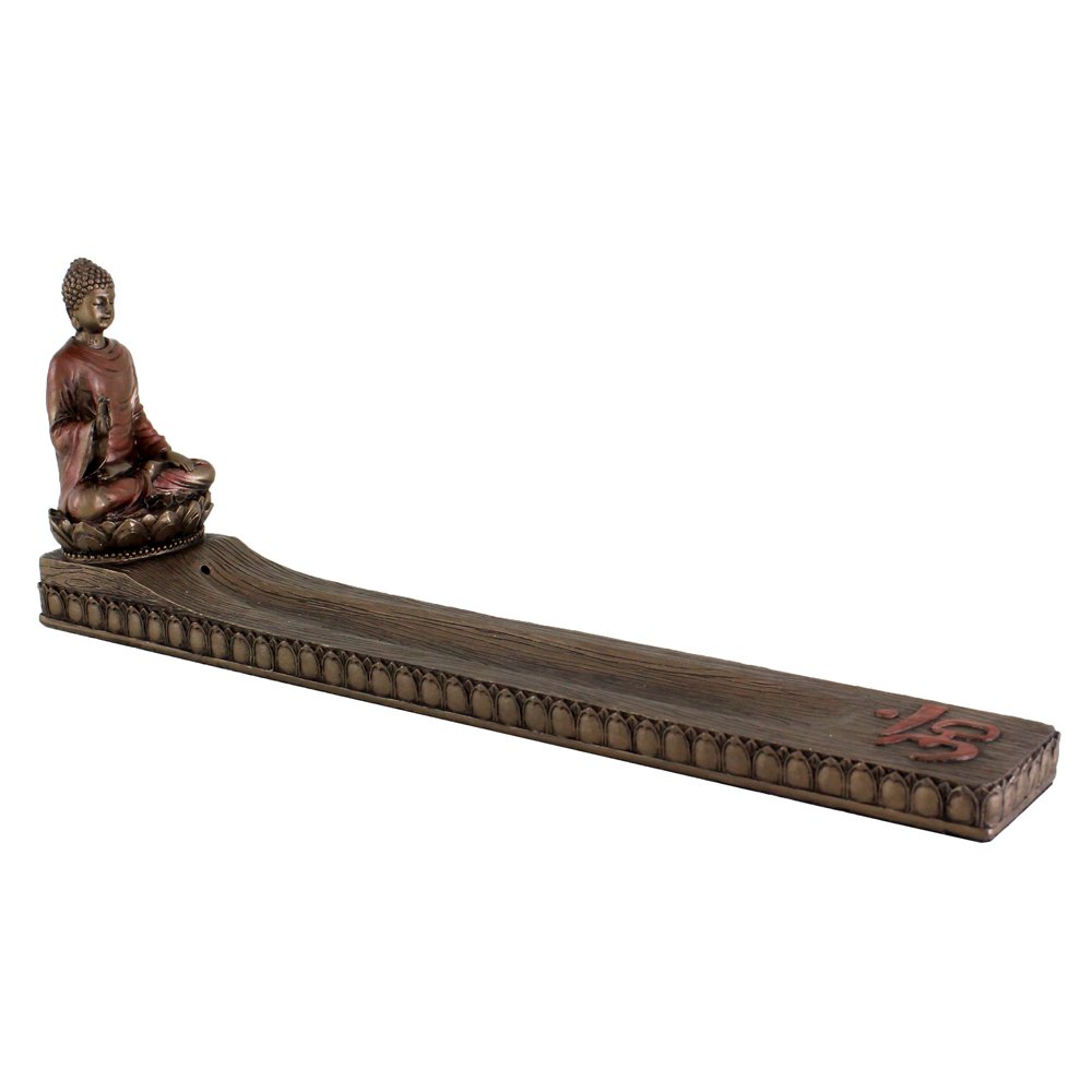 Top Collection Shakyamuni Buddha Incense Holder with Ohm Symbol- Hand Painted East Asian Buddhist Sculpture in Real Premium Cold Cast Bronze - 10-Inch Long Decorative Supreme Buddha Figurine