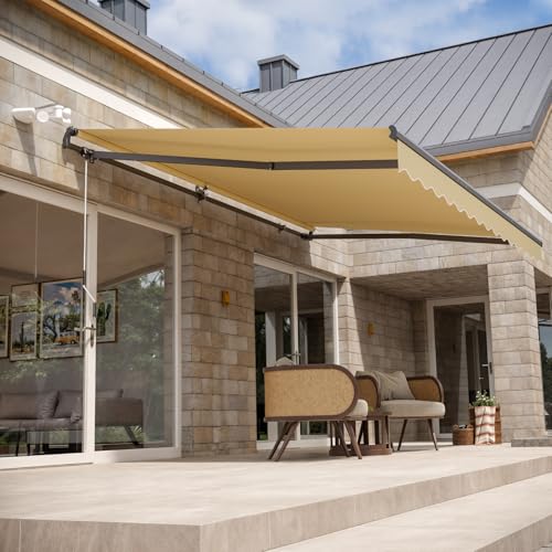 CO-Z 16 x 10 ft Electric Retractable Awning, Powered Outdoor Shade Waterproof Fabric for Balcony, Automatic Patio Retractable Awning with Wind Sun Sensor Remote & LED Light, Beige