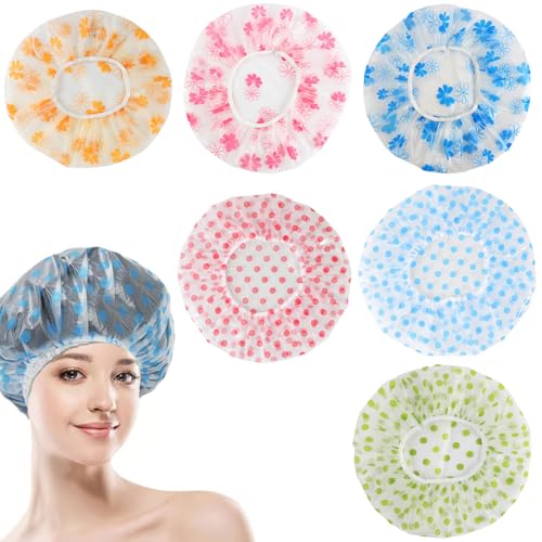 JEYORZY 6 pcs Gorro Ducha Mujer, Gorros de Ducha Impermeable, Reutilizables Gorro de Baño Elástico, Lavables Banda Gorros de Pelo, Gorros de Ducha Impermeable y reutilizables, Para Salón, Spa, Viajes