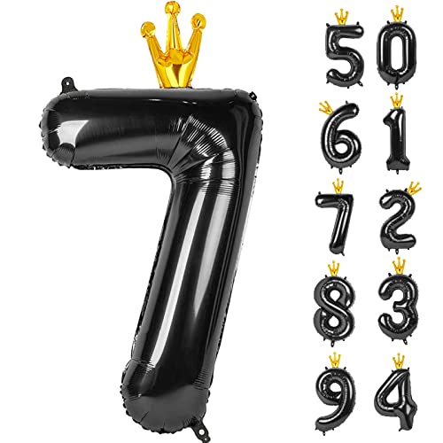 Black Crown 7 Balloon - Number Balloon 40 Inch, 7th Birthday Decorations
