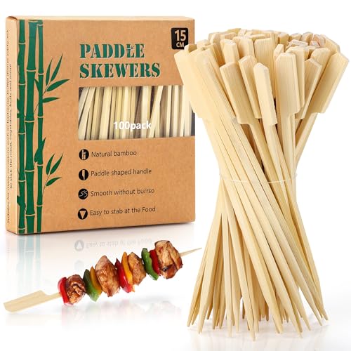 Aodaer 100 Pieces Bamboo Paddle Skewers 15CM Natural Wooden Cocktail Sticks BBQ Skewers Food Picks for Barbeque, Kebabs, Cocktails Buffet Party