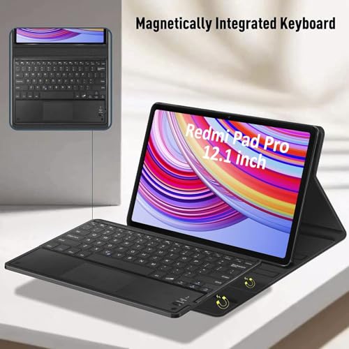 Image of HOM Tri Fold 7-Colour Backlight Detachable Wireless Bluetooth Keyboard with Trackpad /Touchpad Tablet Cover Case for Redmi Pad Pro 5G Tablet 12.1 inch - Black