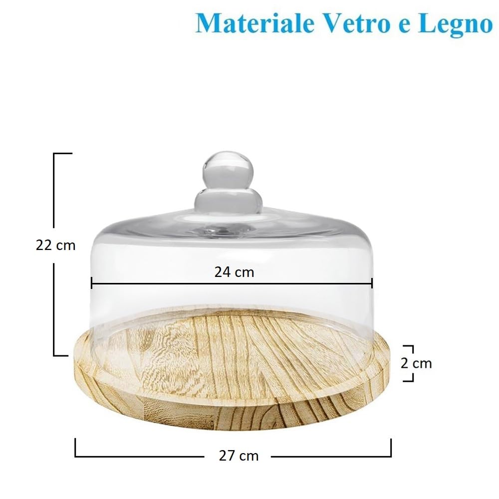 PALUPLUS Campana in Vetro con Base in Legno, Misura 27x22cm, Teca in Vetro Trasparente, Espositore per dolci e oggetti, composizioni floreali, oggetto decorativo per la tua casa -7991M