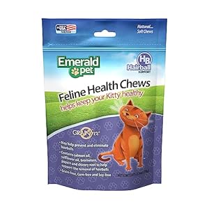 Emerald Pet Feline Health Chews Hairball Support — Natural Grain Free Feline Hairball Control Chews — Hairball Control Cat Supplements for Hairball Prevention and Elimination — Made in USA, 2.5 oz