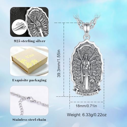 Vito Sterling Silver 925 La Santa Muerte Necklace for Men Women, Skull Necklaces Grim Reaper Pendant Holy Death Original Jewelry Gift, 24“4