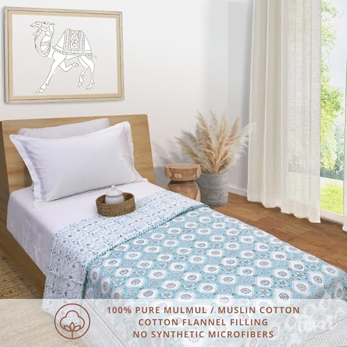 Image of TOAIArt Premium Jaipuri Dohar | AC Blanket Summer Quilt | Hand Block Printed | 3 Layers | Reversible | 150GSM 100% Mulmul Cotton | 100% Cotton Flannel Filling | Single 60 inch X 90 inch |Small Blue Jaal