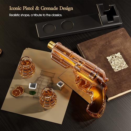 Image of Kollea Whiskey Decanter Set with Grenade-Shaped Shot Glasses, Anniversary Birthday Gifts for Men Who Have Everything, Whiskey Gifts for Father, Husband, Boyfriend & Military Enthusiasts, Fathers Day