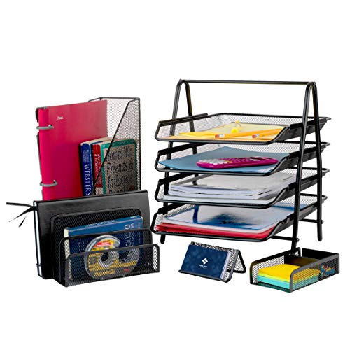 Homeries Office Desk Organizer Set (6 Pieces) - Includes 4-Tier Document Holder, Magazine Holder, Pen & Pencil Holder, Paper Clip Holder, Post-It Note Holder, Business Card Holder – Mesh Wire Design
