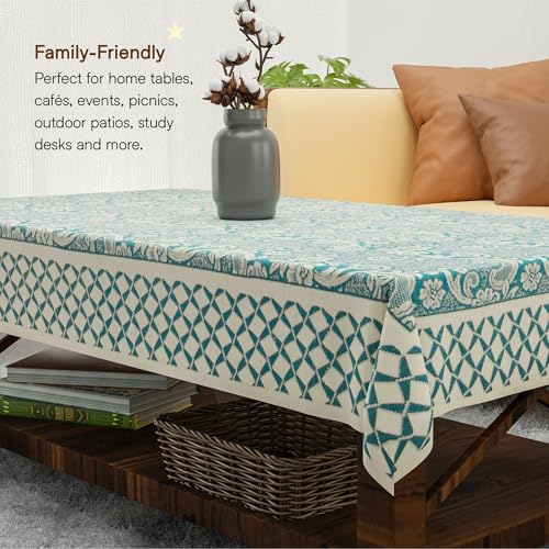 Image of Kuber Industries 40x60 Inch Net Cotton Center Table Cover Cloth | 4 Seater Centre Coffee and Teapoy Cover for Living Room | Aqua Rose 1893 Bright - Cream