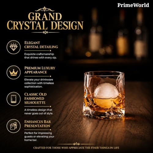 Image of PrimeWorld Grand Crystal Whiskey Glasses Set of 6 pcs- 300 ml Bar Glass for Drinking Bourbon, Whisky, Scotch, Cocktails, Cognac- Old Fashioned Cocktail Tumblers