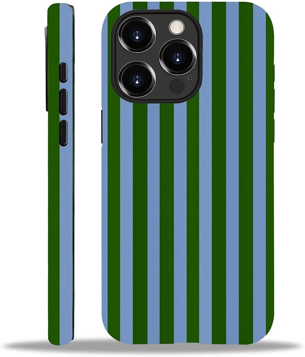 Compatible with iPhone 15 Pro Matte Case, Green and Blue Stripes Geometric Vertical Line Pattern for Girl Full Body Design Soft Silicone Drop Shock Scratch Protection