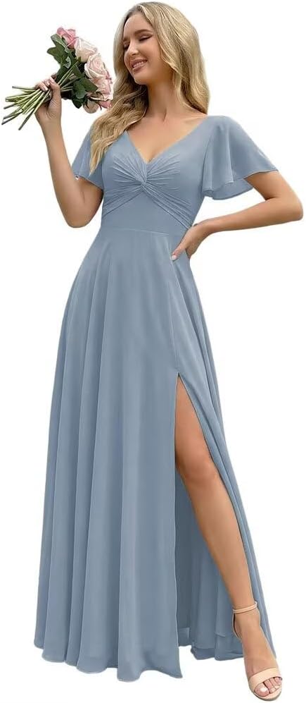 FUMY Women's Flutter Short Sleeves Bridesmaid Dresses with Slit Long Pleated Formal Gowns with Pockets FM005