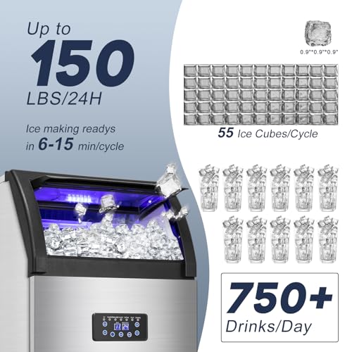 Image of SOZT Commercial Ice Maker Machine 150LBS /24H, 50LBS Storage | Under Counter Ice Maker, Self-Cleaning Freestanding Stainless Steel Ice Cube Maker for Restaurant, Bar, Home, Office