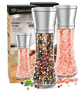 LG Luxury & Grace Salt and Pepper Grinders | Spice Mills Set | High Maximum Strength Glass, Stainless Steel Screw Closing and Ceramic Grinder | Adjustable Grain Size | Lightweight and Ergonomic.