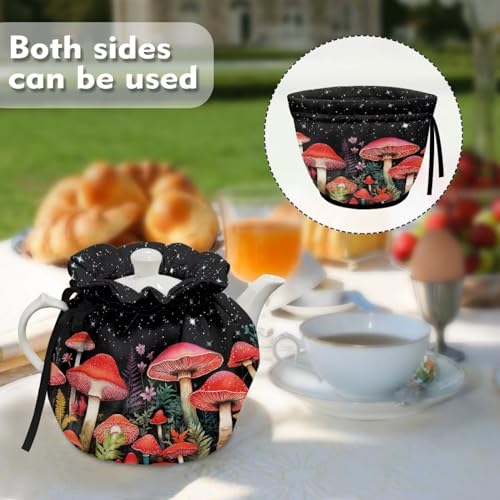 Image of Red Mushroom Kitchen Tea Cosy Breakfast Warmer Heat Preservation & Thermal Insulation Teapot Dust Cover Breakfast Warmer with Drawstring for Home Kitchen Dining Room Table