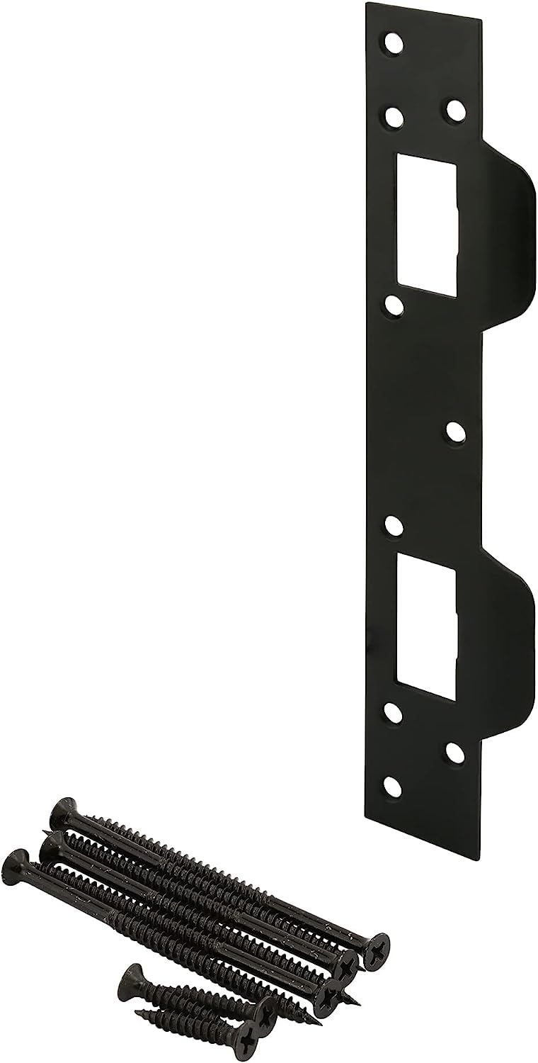 HomeGuardSecurity Door Strike Plate for Exterior Door Reinforcement for Use with 5-1/2 in. and 6 in. Hole Spacing On Dead Latch and Deadbolt, Steel, (Flat Black)