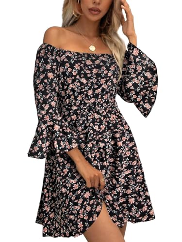 Image of Off Shoulder Ruffle Dress for Women, A-Line Mini Dress with Belt, Fitted Bust Summer Wedding Guest Dress