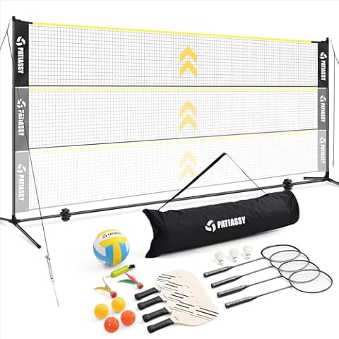 Patiassy 5.1ft-7.4ft Adjustable Height Volleyball Badminton Pickleball Net Set 17ft Sports Net with Poles, 4 Badminton Rackets, 3 Shuttlecocks, 4 Pickleball Paddles and Volleyball (Black) Cover