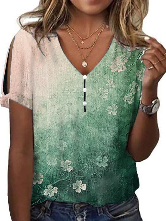 Boho Tops for Women Flower Print Fashion Summer Short Sleeve Tshirt Cute Casual Loose Fit Cold Shoulder Shirt Blouse