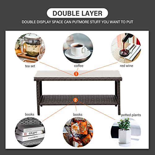 Rattaner Outdoor Wicker Coffee Table Patio Furniture Garden Rattan 2-Layer Glass Table With Storage And Furniture Cover thumb #7