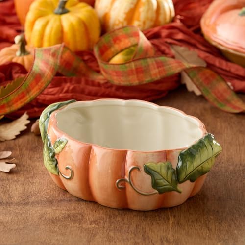 Harvest Fields 3D Pumpkin Shallow Serving Bowl – 10” x 7” Ceramic Farmhouse Bowl for Fall Side Dishes, Salads & Holiday Feasts – 32oz Capacity – Perfect for Thanksgiving & Autumn Entertaining