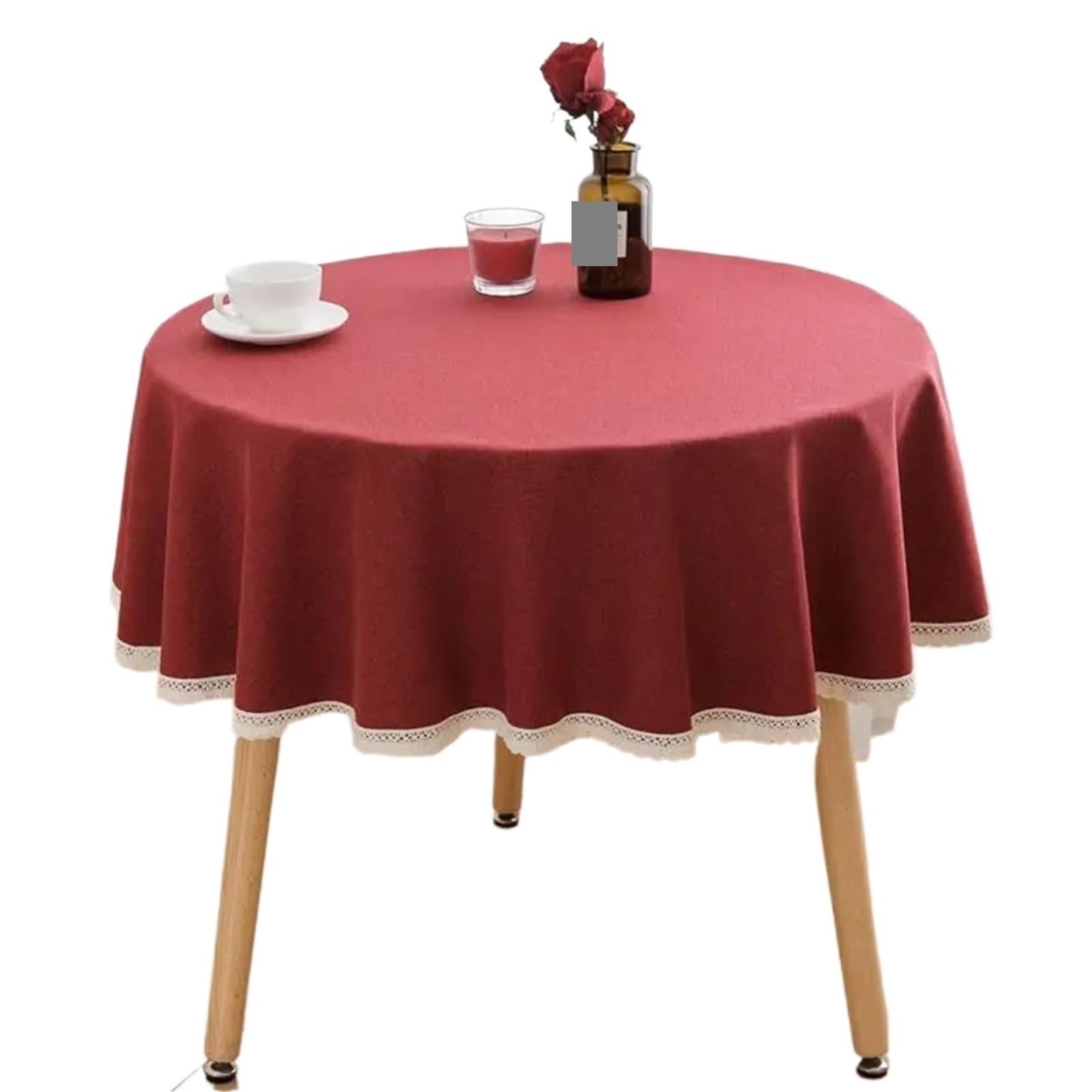 ZNTIHZ Solid Color Round Tablecloth With Lace Cotton Linen Table Cloth Wedding Dining Tea Decoration Cover For Wedding Party Banquet(Red,140cm)
