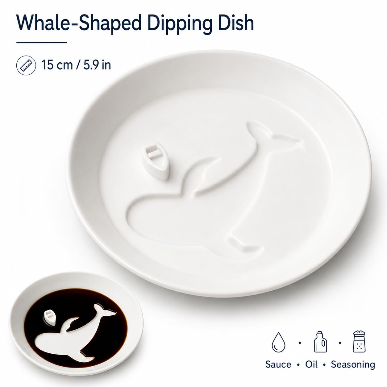 Lot de 10 plats à sauce soja en céramique blanche en forme de baleine, 15 cm pour huile d'olive, vinaigre