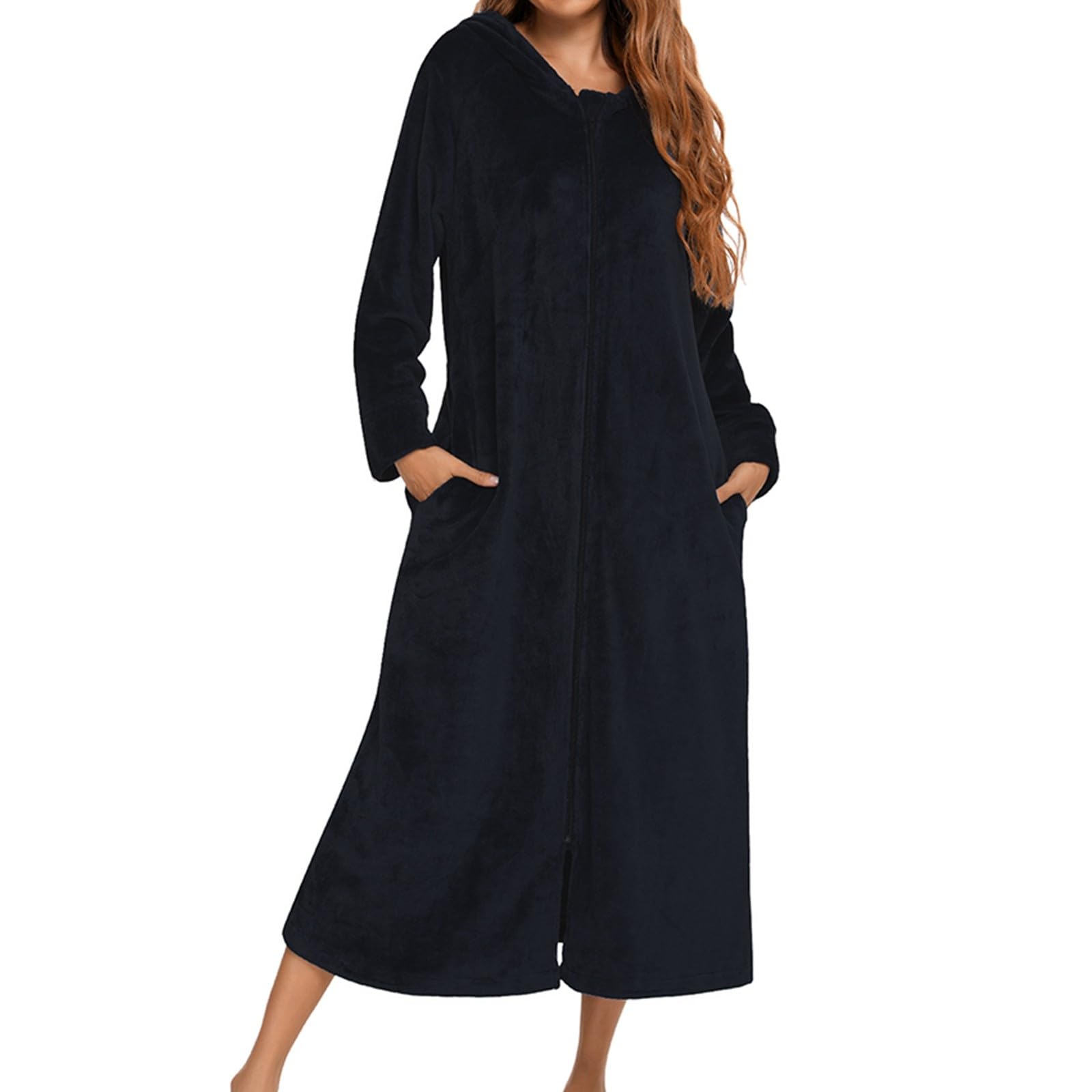 Robe De Chambre Capuche avec Zipper, Peignoir De Bain Femme Polaire Unie, Chemise De Nuit Grande Taille à Manches Longues, Chaud Et Confortable VêTements De Nuit Femme Automne Hiver
