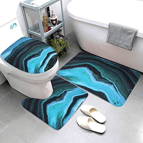 ARLTTH Badematte Mit Marmorstruktur, 3-teiliges Badezimmerteppich, Rutschfester Und Weicher, Saugfähiger Polyester-Teppich, U-förmiger Konturteppich Und Toilettendeckelbezug (grüner Blauer Marmor)