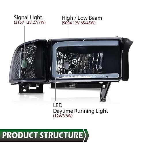 Image of GRAND ORANGE LED Light Strip Headlight Assembly Lamps w /o Bulbs Compatible with Dodge Ram 1500 1994-2001 /Dodge Ram 2500 3500 1994-2002 CH2503101,Smoke Lens Black Housing Clear Reflector Headlamps