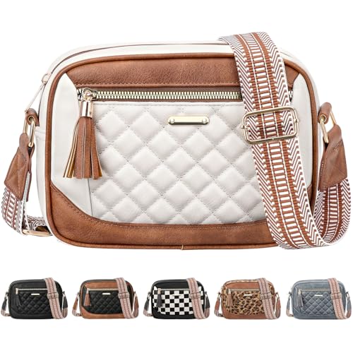 Tenot Quilted Crossbody Bags for Women Travel, Vegan Leather Crossbody Purses for Women Trendy Cross Body Bag, Beige with Brown