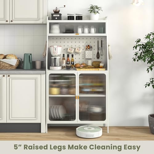 Image of Giantex Pantry Organizers and Storage, 63.5 inch H Kitchen Buffet Cabinet with Hutch, Pegboard, 8 Hooks & 1 Hanging Storage Box, Standing Bakers Rack with Flip-up PC Doors, Tool-Free Assembly (White)