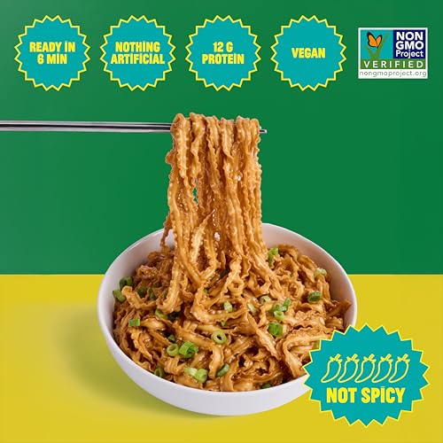 Image of FLYBYJING Classic Soy Noodles - Sun-Dried Asian Instant Noodles with Sichuan Soy Scallion Sauce - Ready in 6 Minutes - Premium Non-Fried Vegan Noodle, 12g Protein, Non-GMO (Pack of 6)