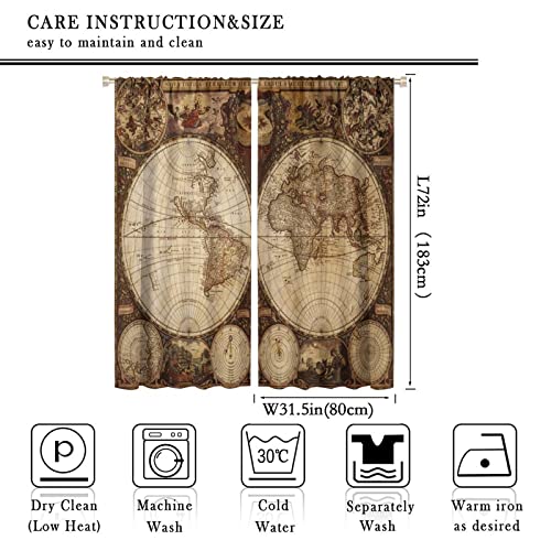 Old World Map Curtains, Vintage Map Nostalgia Style Art Themed Blackout Window Curtains, Bedroom Living Room Rod Pocket Design, 2 Sets of Panels, 63x72 in. Brown by AuiMzoo - Image 2