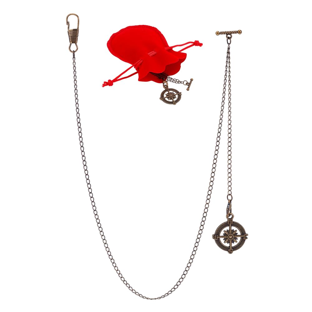 PH PandaHall Pocket Watch Chain, Suit Chain Albert Chain T Bar & Lobster Clasps Watch Chain Vest Chain Pocket Watch Fob T-Bar Chain Curb Link Chain with Compass Pendants for Men Women Wedding