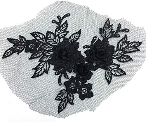 PEPPERLONELY 2PC 3D Black Flower Embroidered Lace Appliques Handmade Wedding Dress Decoration DIY Sewing Craft, 19 x 15cm