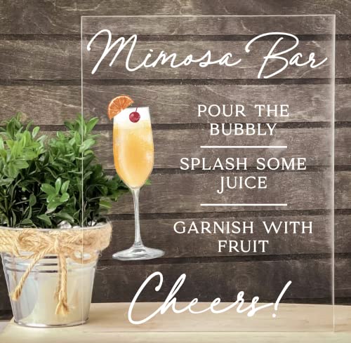 Yippee Daisy - Mimosa Bar Supplies - Acrylic Sign - Modern Acrylic Sign for Tabletop, Wedding Decor, Acrylic Table decorations With Stand - Clear Acrylic Sign With White Text 8" x 10", Mimosa Bar Sign