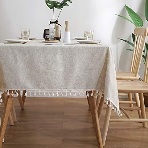 ColorBird Solid Color Tassel Tablecloth Cotton Linen Dust-Proof Shrink-Proof Table Cover for Kitchen Dining Farmhouse Tabletop Decoration (Rectangle/Oblong, 55 x 102 Inch, Linen) Cover