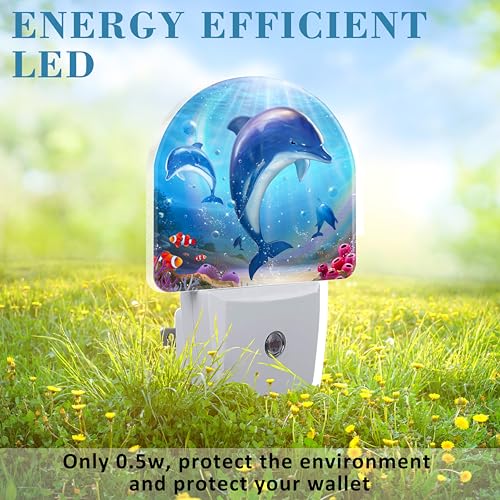 Image of Night Light for Kids Girls Boys, Cute Dolphins in Tropical Sea LED Night Light Plug into Wall with Dusk to Dawn Sensor for Room Decor, Hallway, Kitchen, Bathroom, Nursery, Stairs
