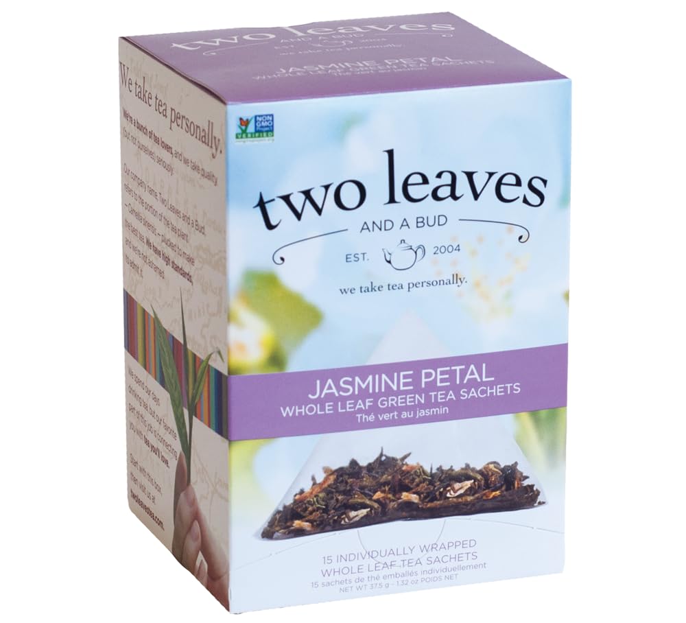 Two Leaves and a Bud Jasmine Green Tea Bags, 15 Count (Pack of 1) Whole Leaf Green Tea in Pyramid Sachet Bags, Compostable Sachets