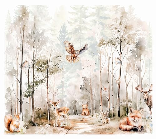 Fototapete Kinderzimmer, Wald Waldtiere Bäume Tapeten für Kinder Babyzimmer Vlies Tapeten wandtapete Tapete nach Maß 1m2