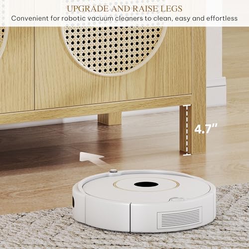 DWVO 4 Door Dressers Storage Cabinet Natural Rattan Oak Wooden Chest with Golden Handles - Modern Large Closet Boho for Living Room/Hallway/Entryway
